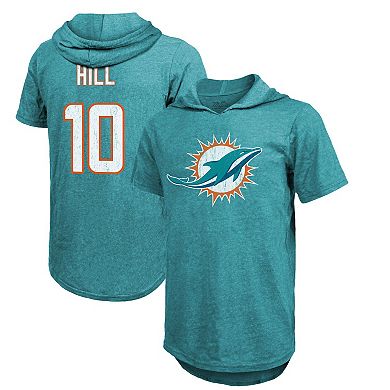 Men's Majestic Threads Tyreek Hill Aqua Miami Dolphins Player Name & Number Short Sleeve Hoodie T-Shirt