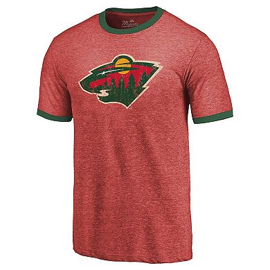 Men's Majestic Threads Heathered Red Minnesota Wild Ringer Contrast Tri-Blend T-Shirt