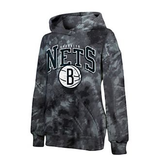 Women's Majestic Threads Black Brooklyn Nets Burble Tie-Dye Tri-Blend Pullover Hoodie