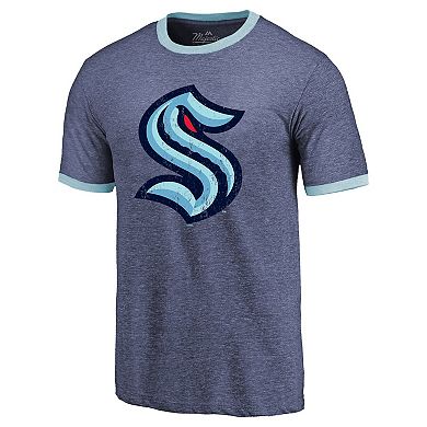 Men's Majestic Threads Heathered Deep Sea Blue Seattle Kraken Ringer Contrast Tri-Blend T-Shirt