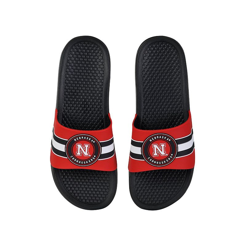 FOCO Nebraska Huskers Stripe Raised Slide Sandals, Mens, Size: 7-8, Multic