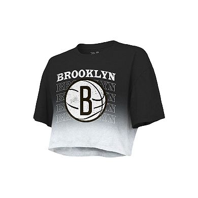 Women's Majestic Threads Black/White Brooklyn Nets Repeat Dip-Dye Cropped T-Shirt