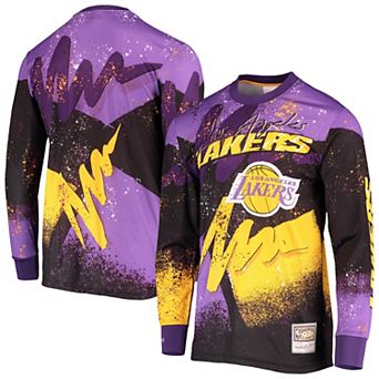 Men's Mitchell & Ness Purple Los Angeles Lakers Hardwood Classics Hyper Hoops Moto Sublimated Long Sleeve T-Shirt