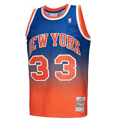 Men's Mitchell & Ness Patrick Ewing Orange/Royal New York Knicks 1991/92 Hardwood Classics Fadeaway Swingman Player Jersey