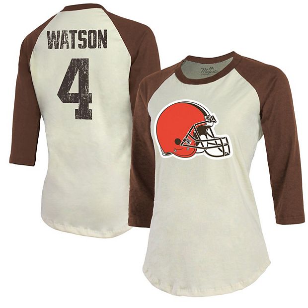 Women's Majestic Threads Deshaun Watson Cream/Brown Cleveland Browns Name &  Number Raglan 3/4 Sleeve