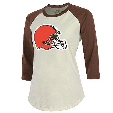 Women's Majestic Threads Deshaun Watson Cream/Brown Cleveland Browns Name & Number Raglan 3/4 Sleeve T-Shirt