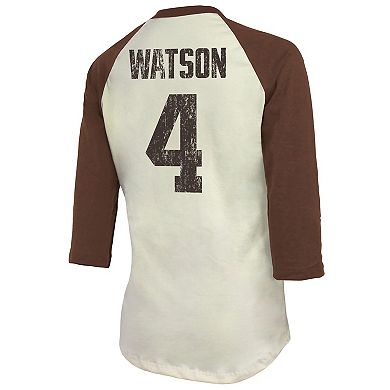 Women's Majestic Threads Deshaun Watson Cream/Brown Cleveland Browns Name & Number Raglan 3/4 Sleeve T-Shirt