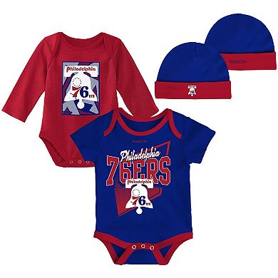Infant Mitchell & Ness Royal/Red Philadelphia 76ers Hardwood Classics Bodysuits & Cuffed Knit Hat Set