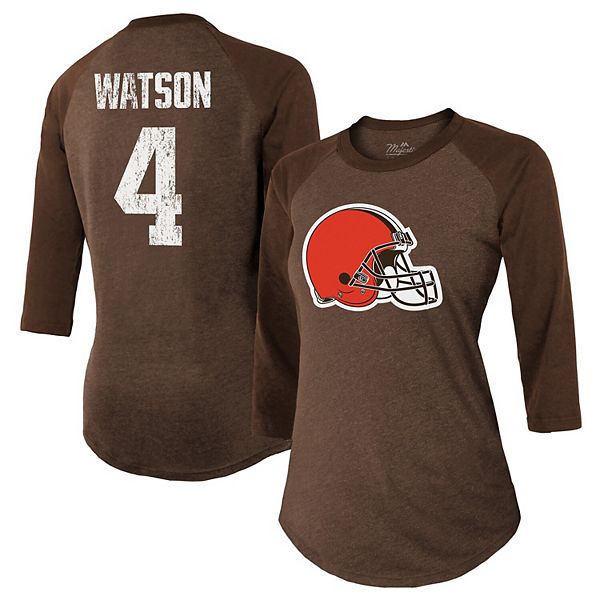 Women's Majestic Threads Deshaun Watson Cream/Brown Cleveland Browns Name &  Number Raglan 3/4 Sleeve T-Shirt