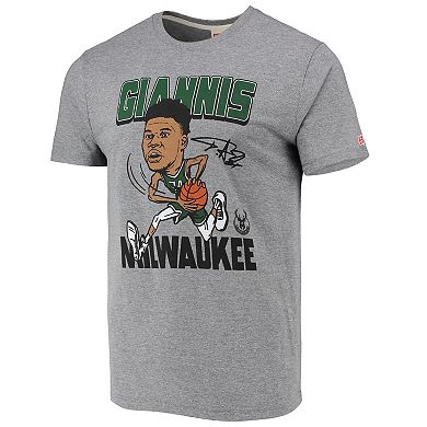 Men's Homage Giannis Antetokounmpo Heathered Gray Milwaukee Bucks Caricature Tri-Blend T-Shirt