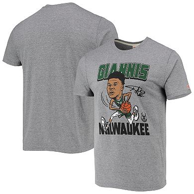 Men's Homage Giannis Antetokounmpo Heathered Gray Milwaukee Bucks Caricature Tri-Blend T-Shirt