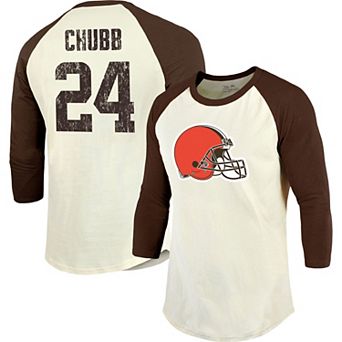 Men's Majestic Threads Nick Chubb Cream/Brown Cleveland Browns Player Name & Number Raglan 3/4-Sleeve T-Shirt