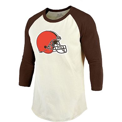 Men's Majestic Threads Nick Chubb Cream/Brown Cleveland Browns Player Name & Number Raglan 3/4-Sleeve T-Shirt