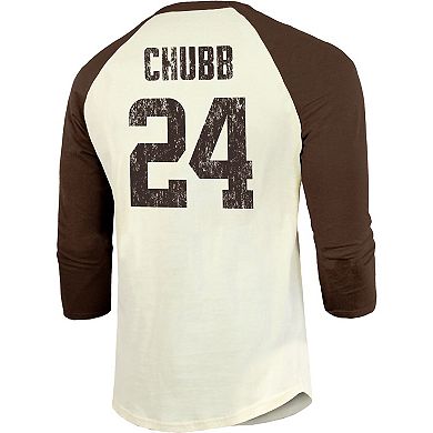 Men's Majestic Threads Nick Chubb Cream/Brown Cleveland Browns Player Name & Number Raglan 3/4-Sleeve T-Shirt