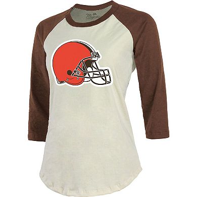 Women's Majestic Threads Nick Chubb Cream/Brown Cleveland Browns Player Name & Number Raglan 3/4-Sleeve T-Shirt