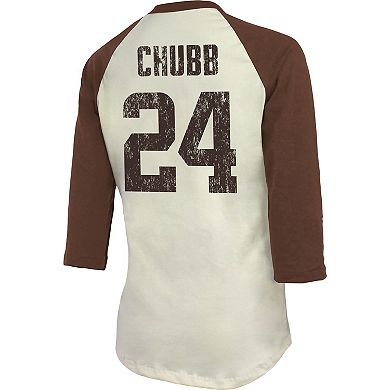 Women's Majestic Threads Nick Chubb Cream/Brown Cleveland Browns Player Name & Number Raglan 3/4-Sleeve T-Shirt
