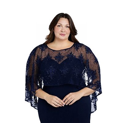 R M Richards Plus Size Sweetheart Neck Embroidered Sequin Mesh Cape Overlay Mother of the Bride Dress, Womens, 18W, Navy/Taupe