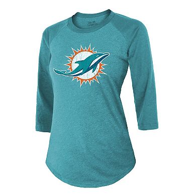 Women's Majestic Threads Tyreek Hill Aqua Miami Dolphins Name & Number Raglan 3/4 Sleeve T-Shirt