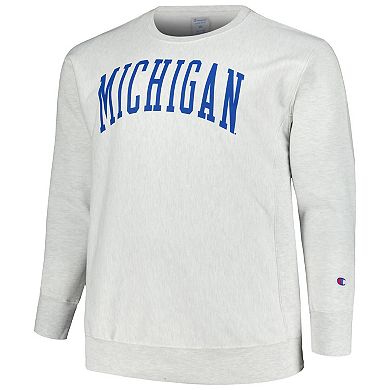 Men's Champion Ash Michigan Wolverines Big & Tall Reverse Weave Fleece Crewneck Pullover Sweatshirt