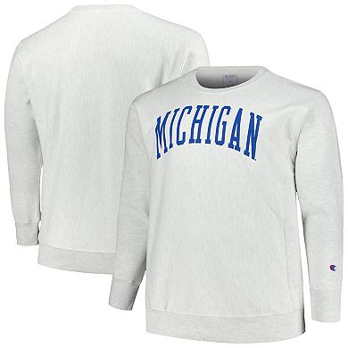Men's Champion Ash Michigan Wolverines Big & Tall Reverse Weave Fleece Crewneck Pullover Sweatshirt