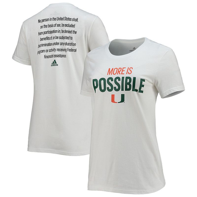 Womens adidas White Miami Hurricanes More Is Possible T-Shirt, Size: Small