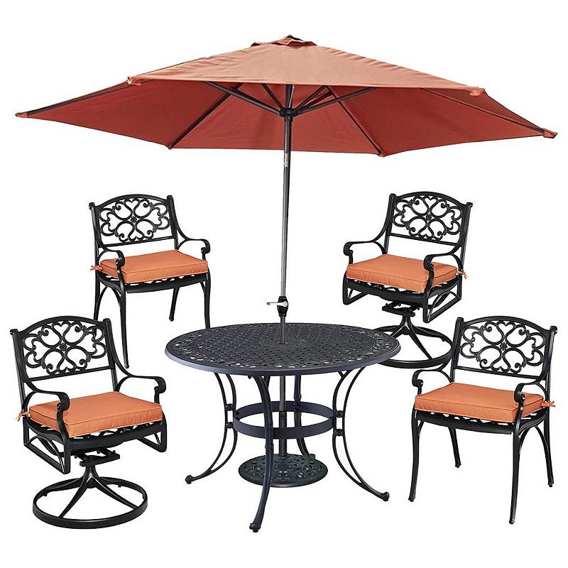 homestyles Patio Round Dining Table, Chairs & Umbrella 6-piece Set, Black