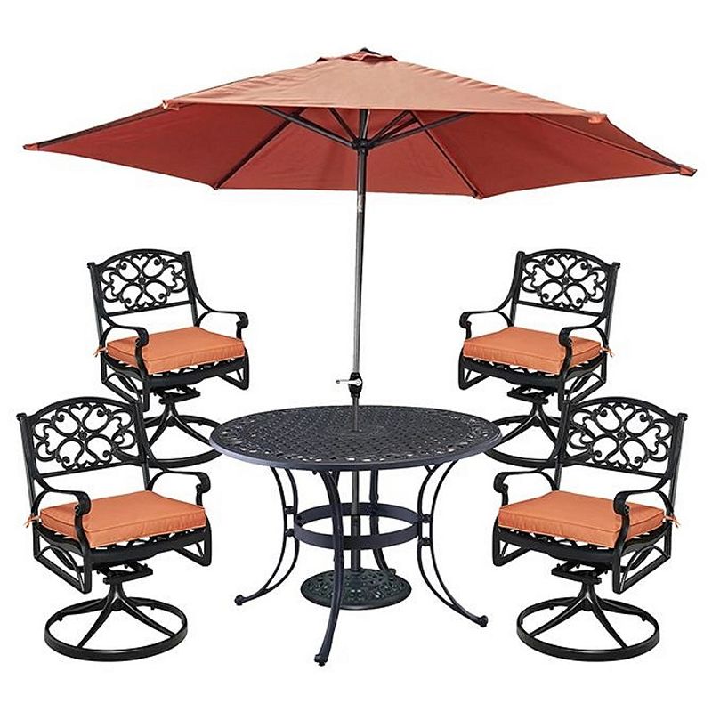 homestyles Patio Dining Table, Swivel Chair, & Umbrella 6-piece Set, Black