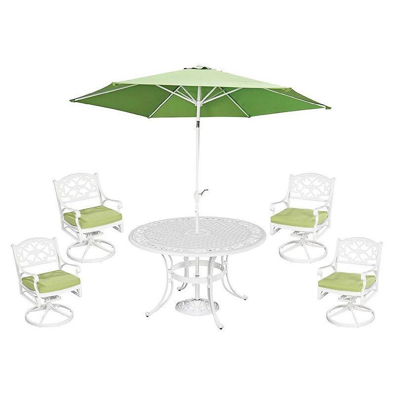 homestyles Patio Dining Table, Swivel Chair, & Umbrella 6-piece Set, White