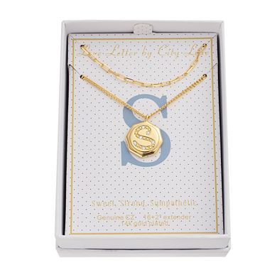 City Luxe Gold Tone DUO NECK E Initial Disc WITH Cubic Zirconia