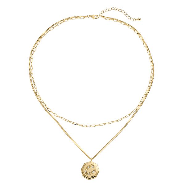 City Luxe Gold Tone Layered Initial Disc Necklace with Cubic Zirconia