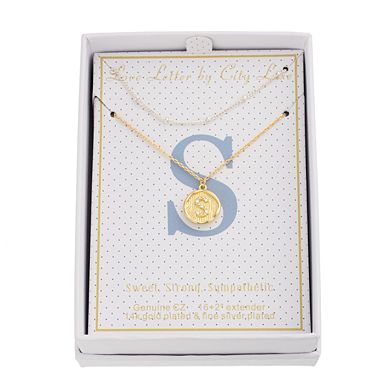 City Luxe Two Tone Layered Initial Disc Necklace with Cubic Zirconia