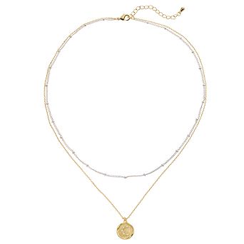 City Luxe Two Tone Layered Initial Disc Necklace with Cubic Zirconia