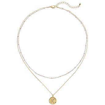 City Luxe Two Tone Layered Initial Disc Necklace with Cubic Zirconia