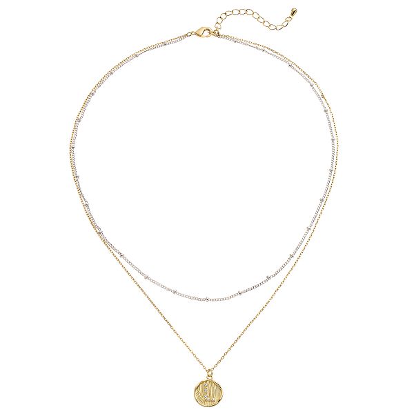 City Luxe Two Tone Layered Initial Disc Necklace with Cubic Zirconia