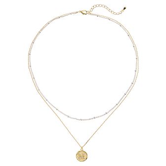 City Luxe Two Tone Layered Initial Disc Necklace with Cubic Zirconia