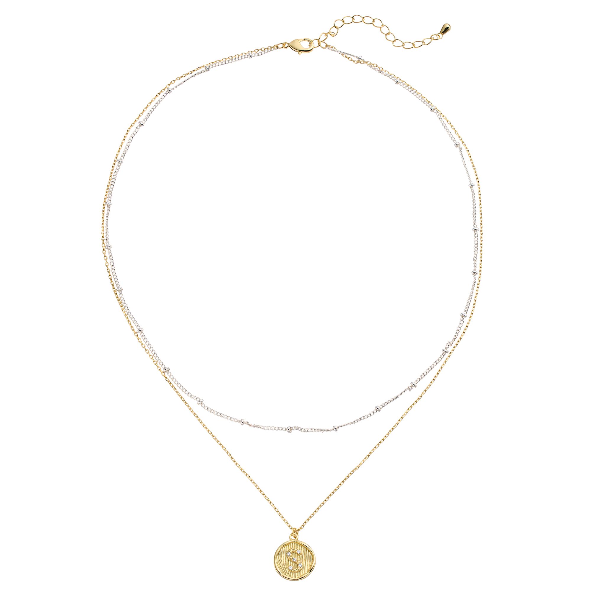 City Luxe Two Tone Layered Initial Disc Necklace with Cubic Zirconia, Wome