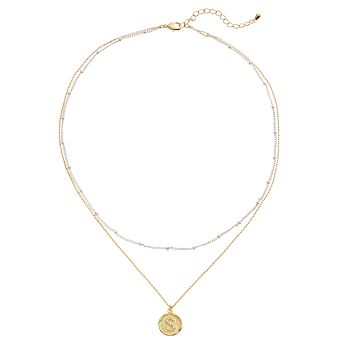 City Luxe Two Tone Layered Initial Disc Necklace with Cubic Zirconia