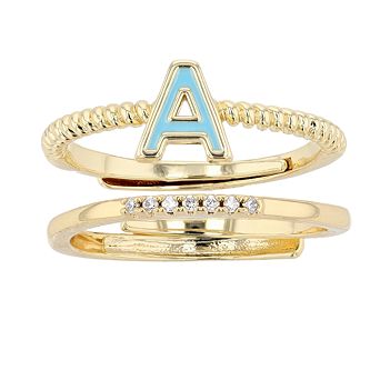 City Luxe Enamel Initial Ring & Cubic Zirconia Pave Ring Duo Set