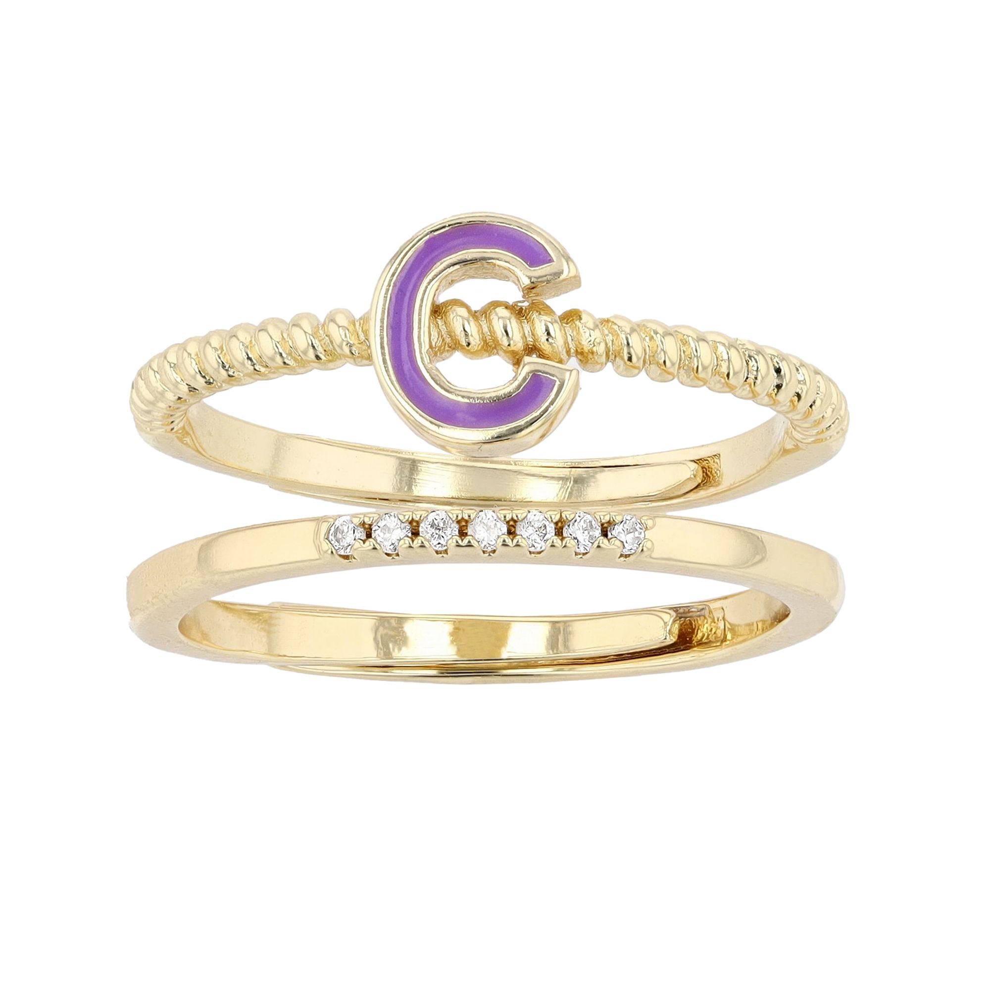 City Luxe Enamel Initial Ring & Cubic Zirconia Pave Ring Duo Set, Womens, 