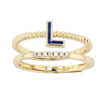 City Luxe Enamel Initial Ring & Cubic Zirconia Pave Ring Duo Set