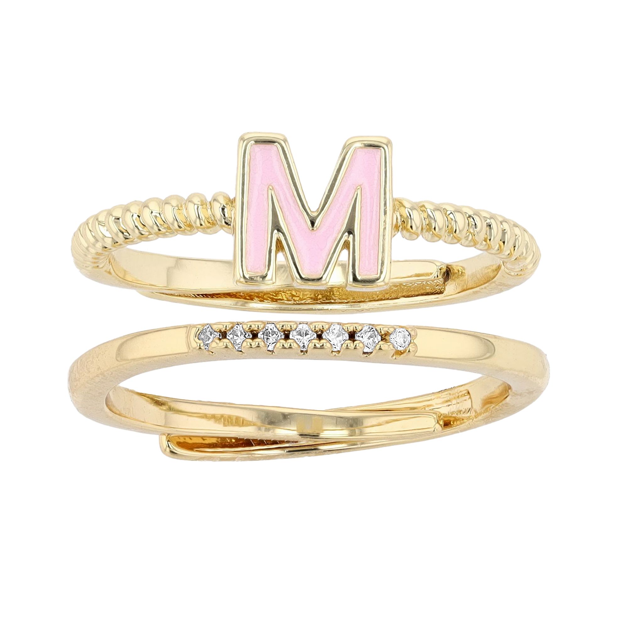 City Luxe Enamel Initial Ring & Cubic Zirconia Pave Ring Duo Set, Womens, 