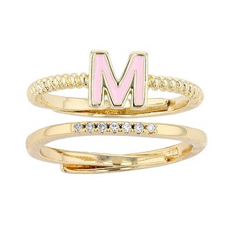 City Luxe Enamel Initial Ring & Cubic Zirconia Pave Ring Duo Set
