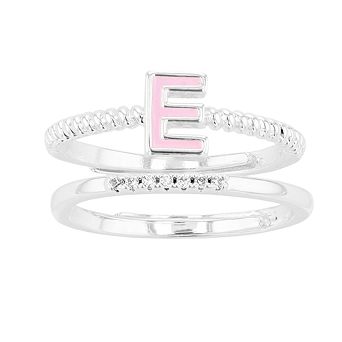 City Luxe Enamel Initial Ring & Cubic Zirconia Pave Ring Duo Set