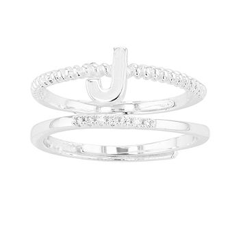 City Luxe Enamel Initial Ring & Cubic Zirconia Pave Ring Duo Set