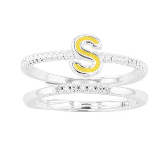 City Luxe Enamel Initial Ring & Cubic Zirconia Pave Ring Duo Set