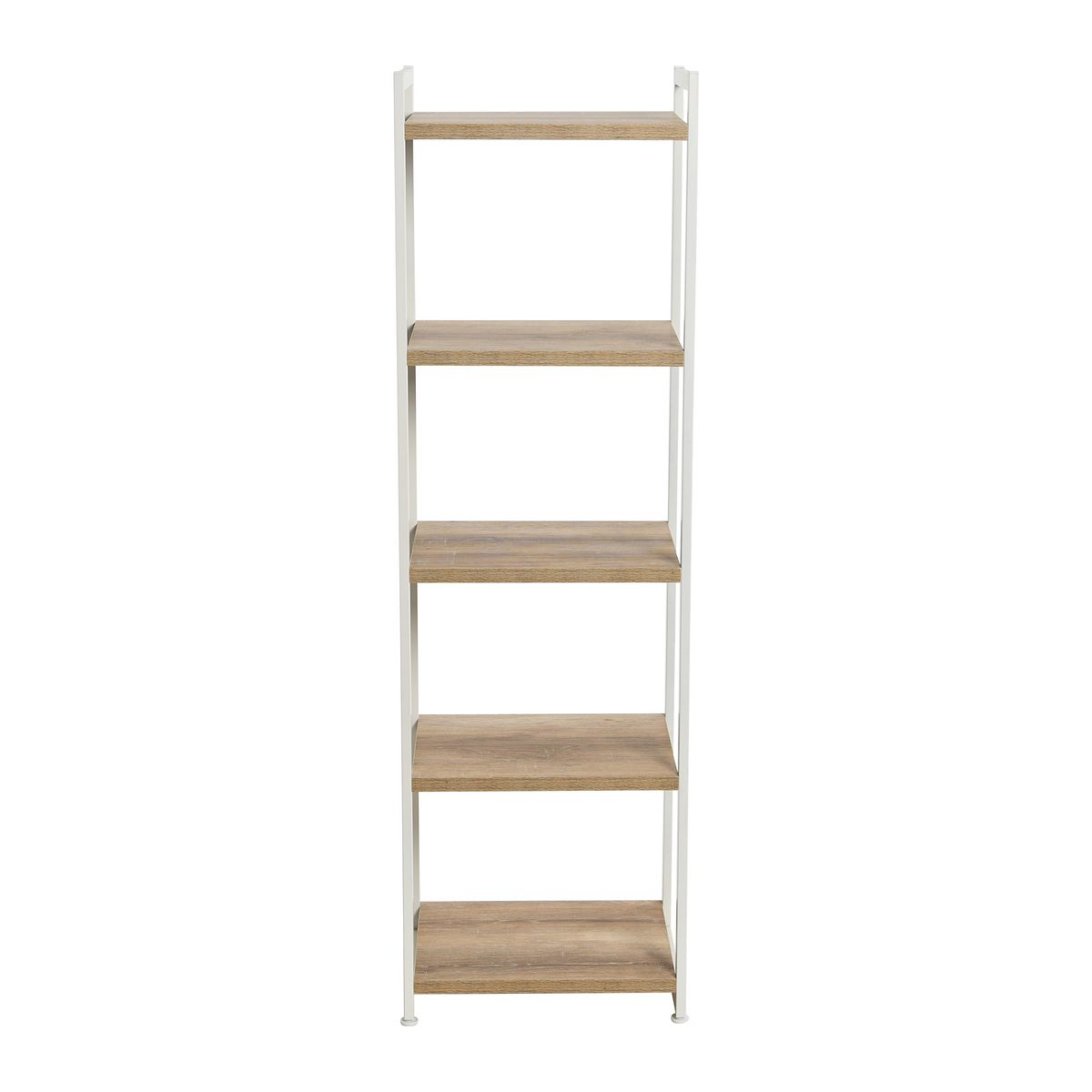 5-shelf tower bookcase with white frame and wood shelves