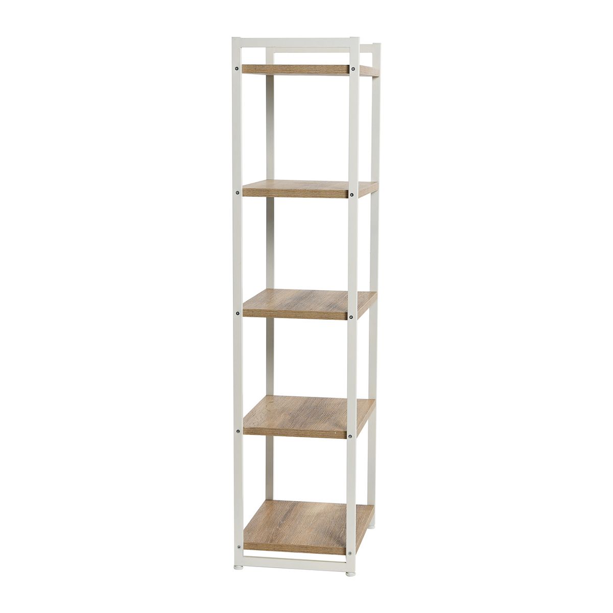 5-shelf tower bookcase in white with wood shelves, side view