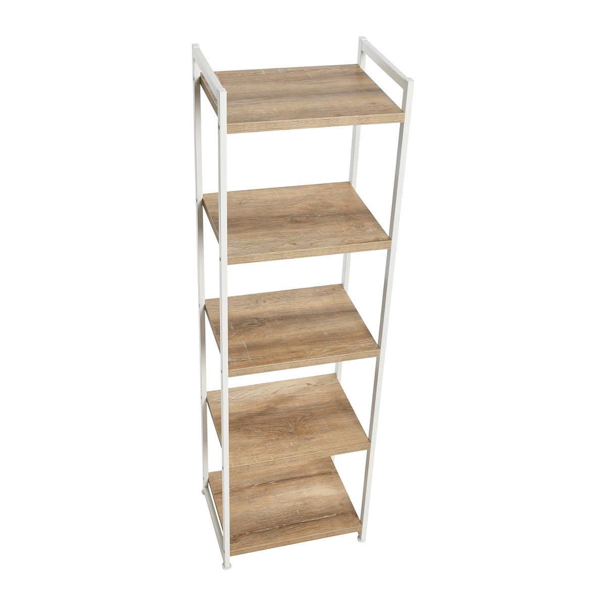 5-shelf tower bookcase with white frame and wood shelves