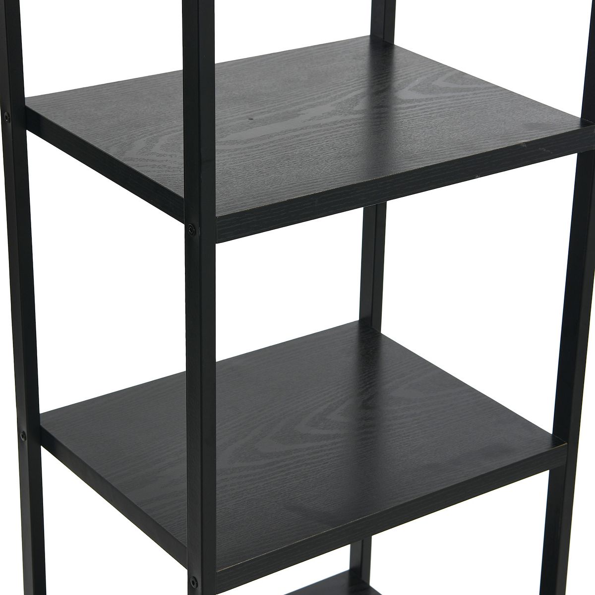 Close-up of dark 3-tier corner bookcase shelf supports