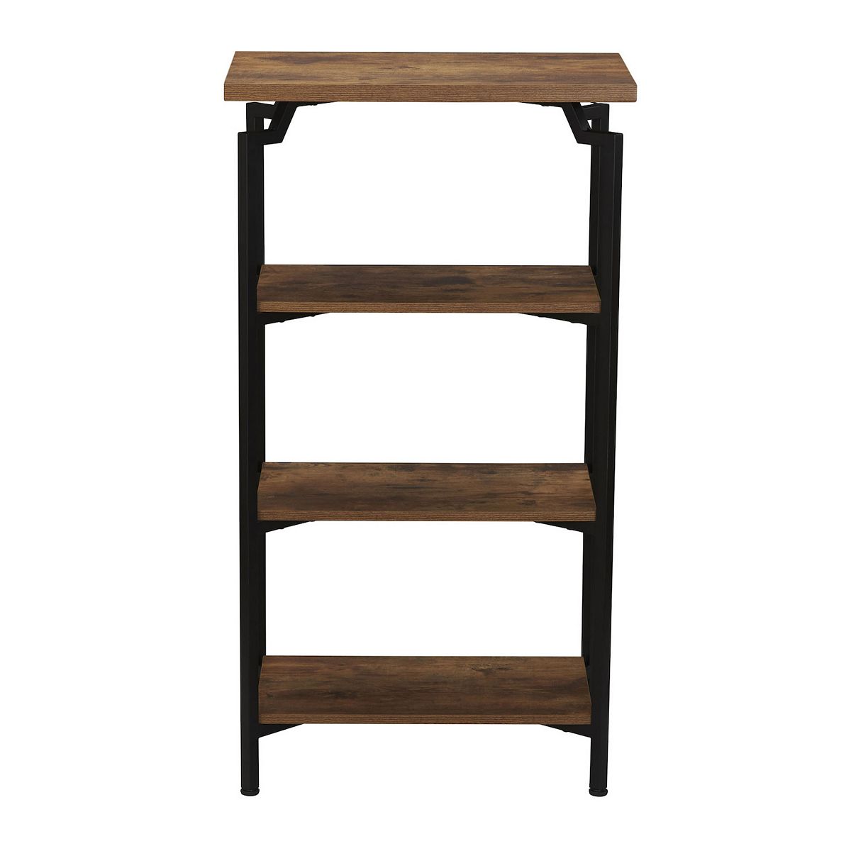 Front view of 3-shelf mid-century modern bookcase with black frame and wood shelves
